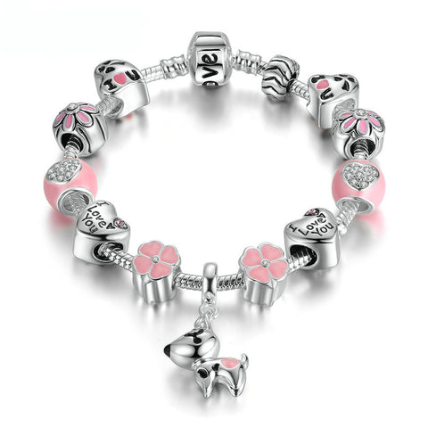2017 Silver Plated Lovely Dog Pink Heart Bracelets
