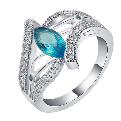 Elegant Women Engagement Blue Oval Silver Ring 