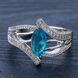 Elegant Women Engagement Blue Oval Silver Ring 