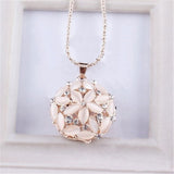 Hollow 3D Opal Crystal Flower Long Pendant Necklace 